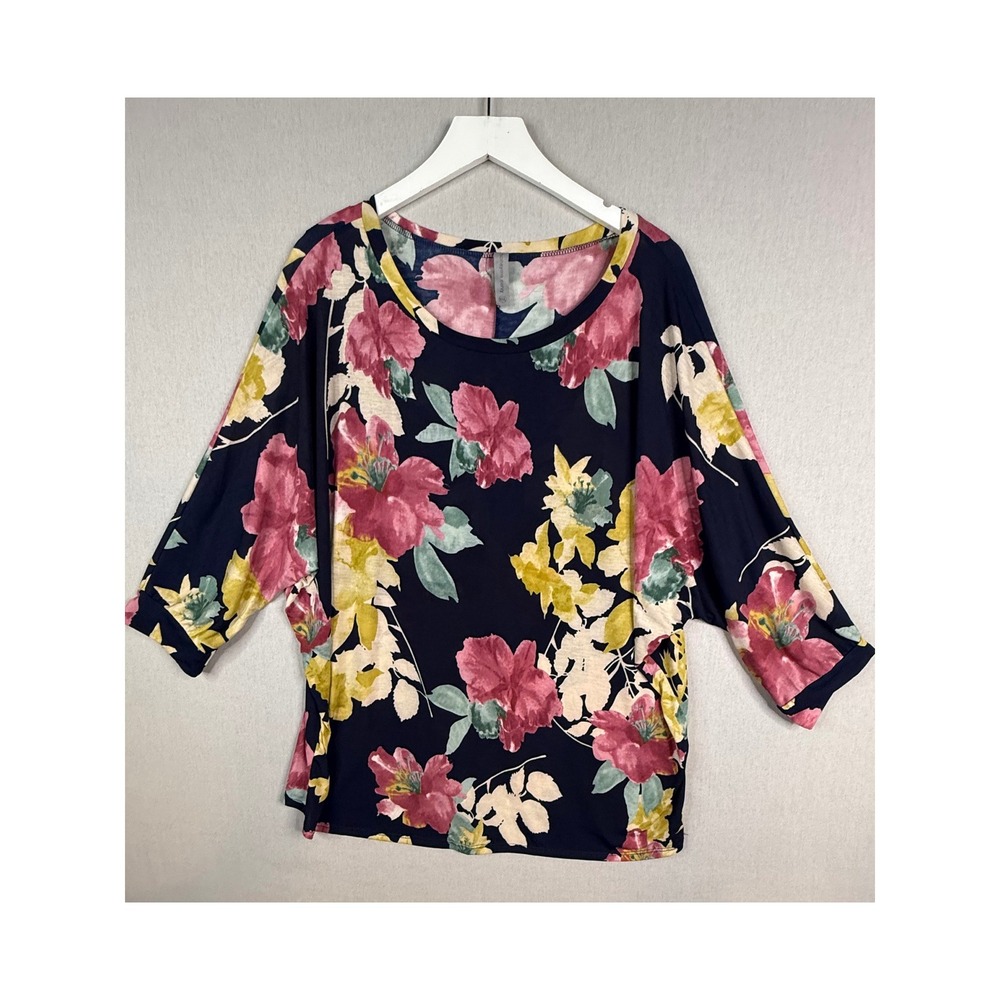 Honeyme Curvy Top Women XXXL 3X Navy Floral 3/4 Length Dolman Sleeve Jersey Knit